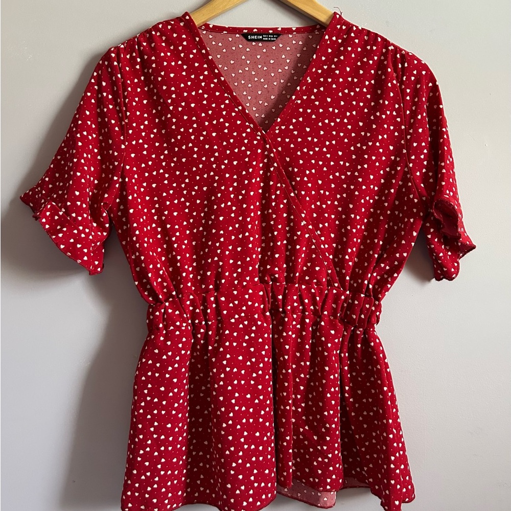 SHEIN Peplum Blouse in Vibrant Red  Adorned with White Heart Print Size Small